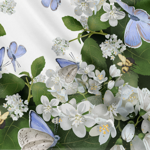 Fluid and beautifully draped silk scarf featuring blue butterflies and a few bumblebees busy at work close up to see details.