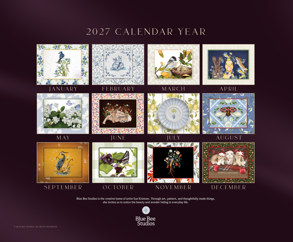 2027 Sue Krizman wall calendar showing all 12 original monthly illustrations
