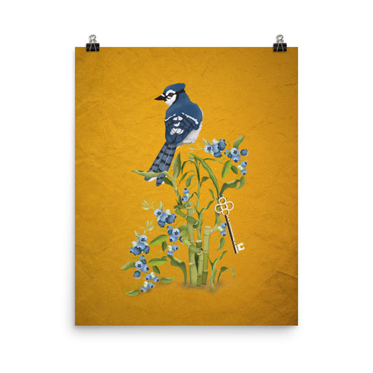 Blue jay art print featuring a botanical garden scene with blueberries and a vintage key, shown as a hanging paper print.