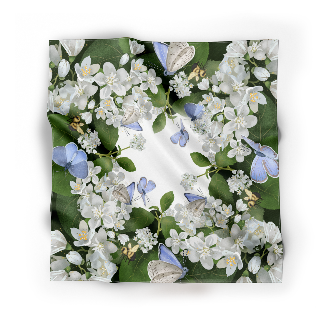 Mock up of fluid and beautifully draped silk scarf featuring blue butterflies and a few bumblebees busy at work. 