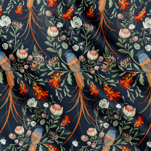 Detail of the South African Flycatcher bird silk scarf, with it's long, elegant tail feathers within protea, lion's tail, and wild roses. 