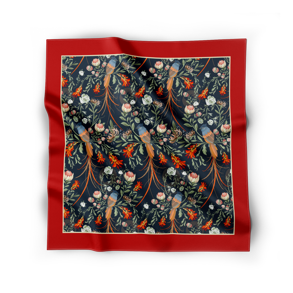 A fluid and draping silk scarf features the South African Flycatcher bird with it's long, elegant tail feathers within the protea, lion's tail, and wild roses. 