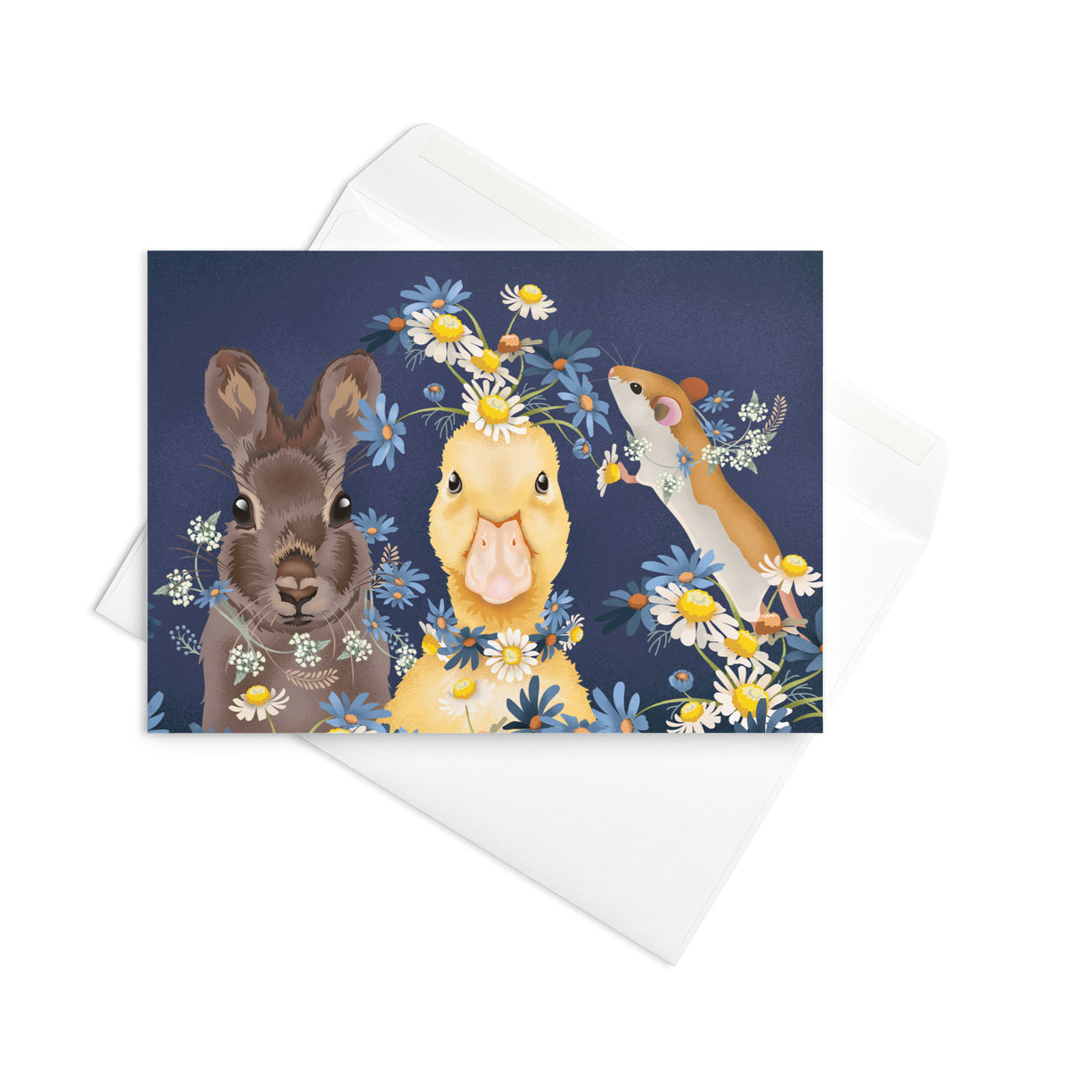 Spring Friends greeting card brings a cheerful gathering of familiar faces, straight on product mockup