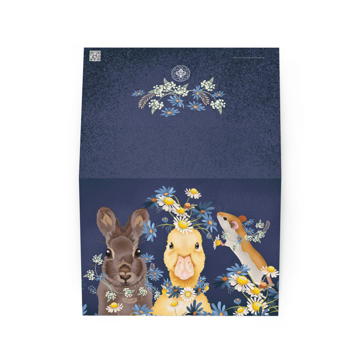 Spring Friends greeting card brings a cheerful gathering of familiar faces, open front and back product mockup