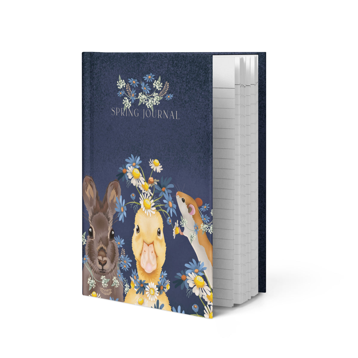 Product mockup of Spring Friends, a cheerful gathering of woodland friends and wildflowers on this handsome hardcover journal. With 150 lined pages and a flexible sewn binding.