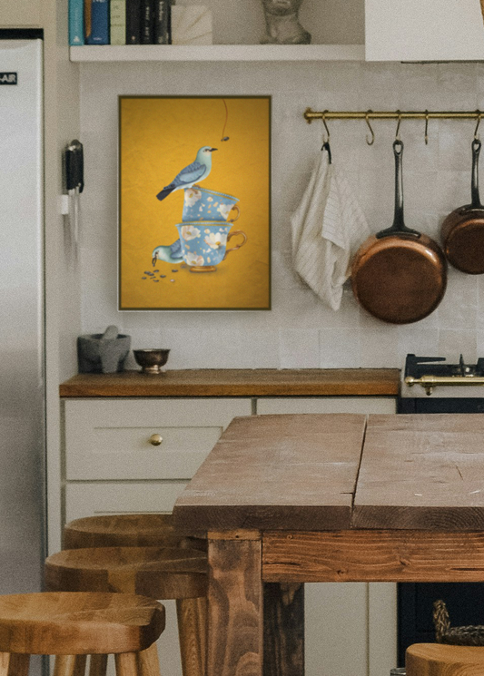 Little birds. Old, collected tea cups. Tea Time is a quiet moment in an old kitchen where an ordinary cup of tea becomes a tiny gathering place for the unexpected.