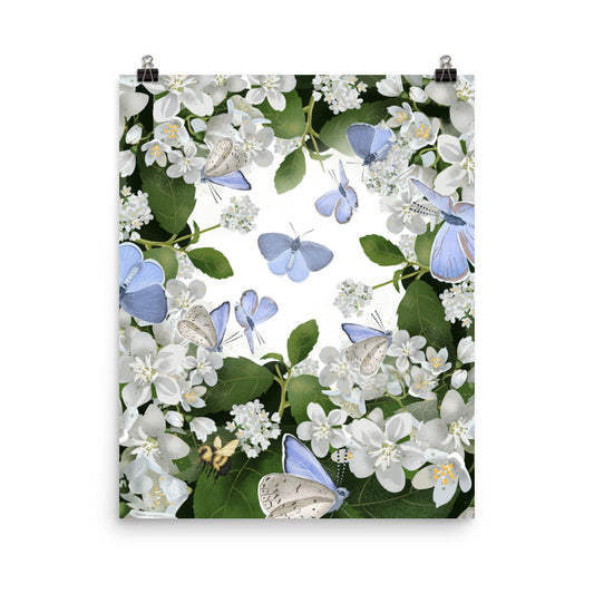 A little garden magic in motion. Blue Butterfly Dance brings together delicate blue butterflies, soft blossoms, and deep green foliage in a dreamy garden scene shown as a mock up.