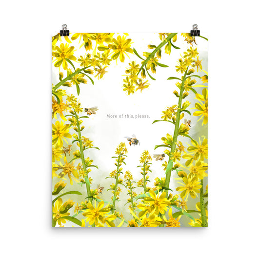 More of This, Please. botanical art print by Sue Krizman featuring goldenrod and multiple bees